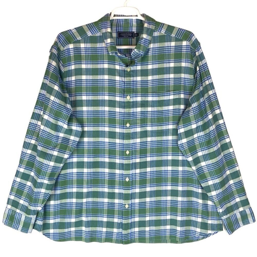 Vineyard Vines Island Twill Plaid Shirt Mens Size 2XL Blue Green Plaid Stretch - Picture 2 of 8